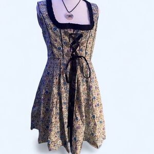 Floral Lace-Up Midi Dress with Black Trim